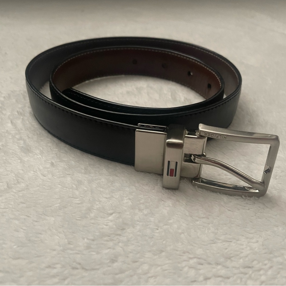 Tommy Hilfiger Boys Black and Brown Leather Belt with Silver Buckle